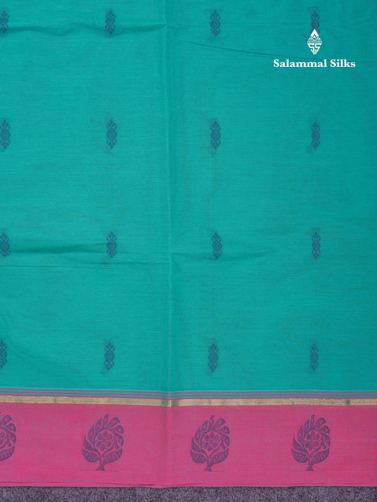 Beautiful Sapphire Green Thread Work Buttas Pure Cotton Saree With Contrast Light Violet Border