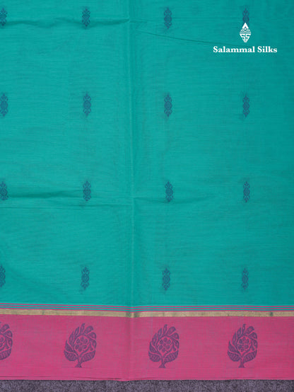 Beautiful Sapphire Green Thread Work Buttas Pure Cotton Saree With Contrast Light Violet Border