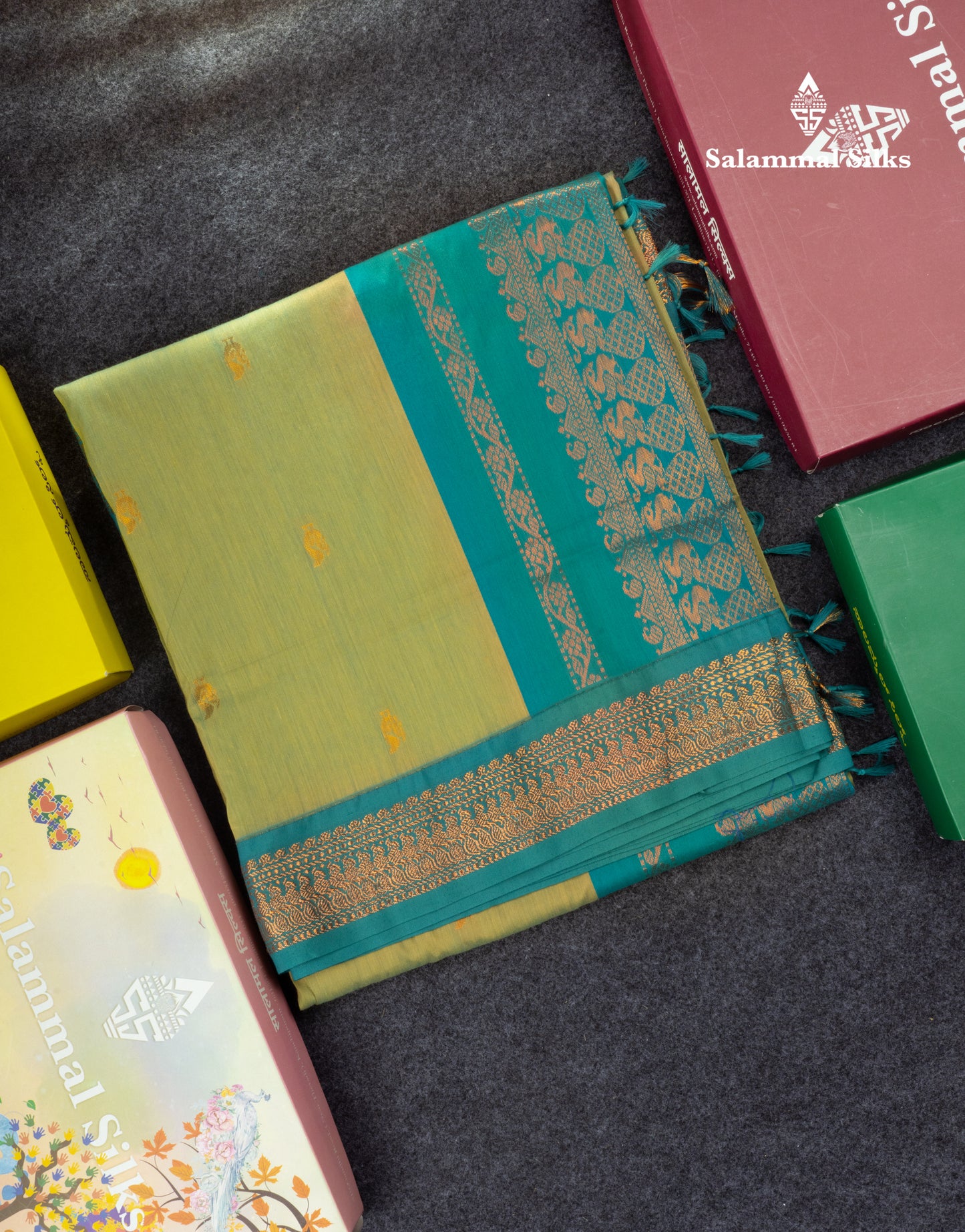Pista Green Kalyani Cotton Saree With Contrast Sapphire Green Border