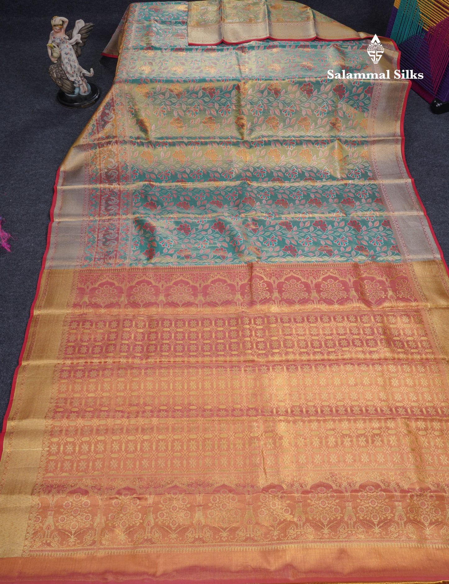 Sapphire Green Meenakari Work Beautiful Tissue Bridal Pure Kanjivaram Silk Saree With Paithani Border