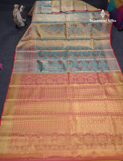 Sapphire Green Meenakari Work Beautiful Tissue Bridal Pure Kanjivaram Silk Saree With Paithani Border