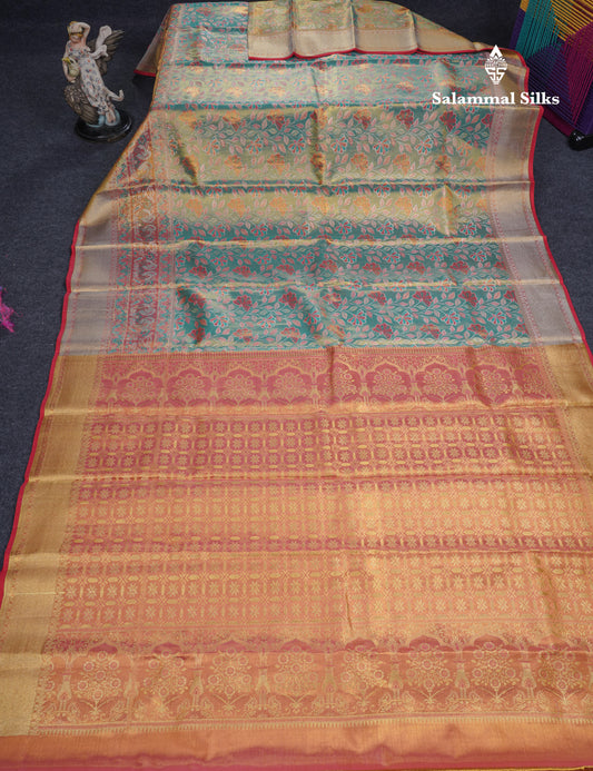 Sapphire Green Meenakari Work Beautiful Tissue Bridal Pure Kanjivaram Silk Saree With Paithani Border