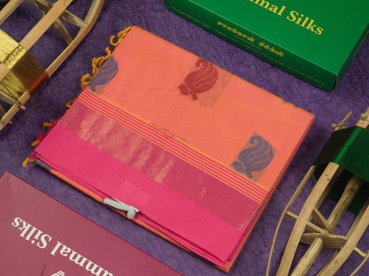 Peach Beautiful Fancy Pure Cotton Saree With Pink Border