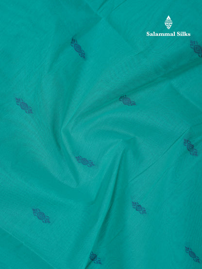 Beautiful Sapphire Green Thread Work Buttas Pure Cotton Saree With Contrast Light Violet Border