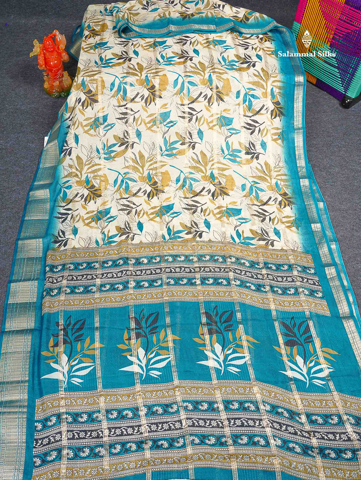 Semi Crepe Silk Saree - Half White Colour Body With Contrast Ramar Blue Fancy Border