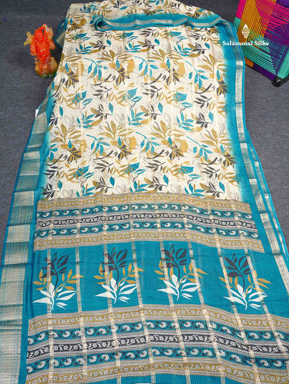 Semi Crepe Silk Saree - Half White Colour Body With Contrast Ramar Blue Fancy Border