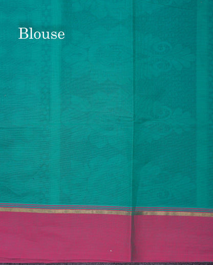 Beautiful Sapphire Green Thread Work Buttas Pure Cotton Saree With Contrast Light Violet Border