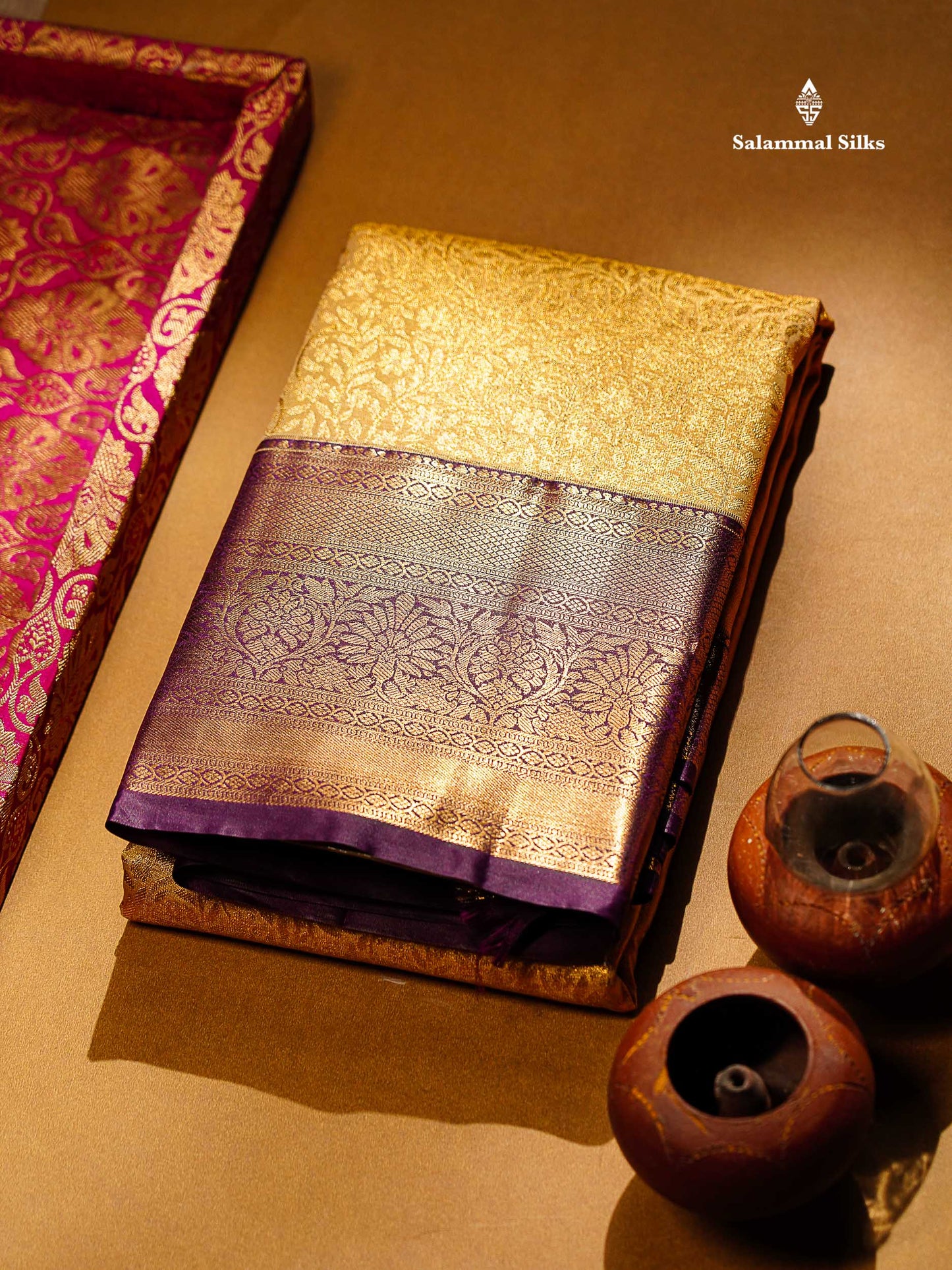 Beautiful Light Peach Tissue Bridal Semi Silk Saree With Contrast Violet Traditional Evening Morning Border