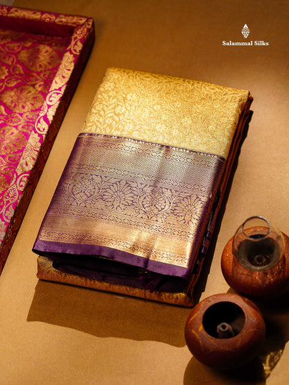 Beautiful Light Peach Tissue Bridal Semi Silk Saree With Contrast Violet Traditional Evening Morning Border