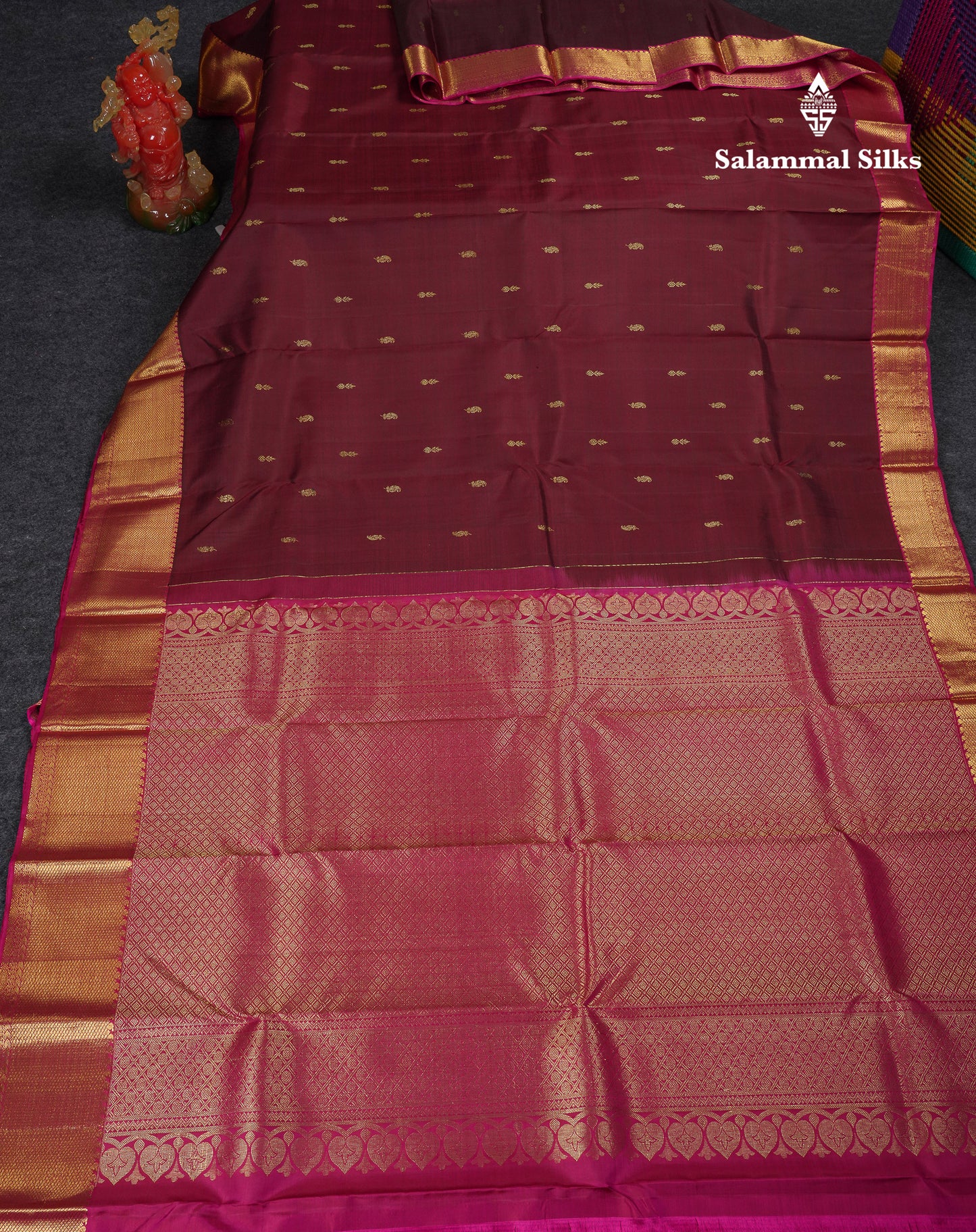 Beautiful Dark Maroon Pure Kanjivaram Silk Saree With Contrast Magenta Traditional Border