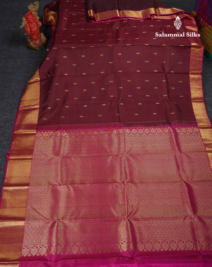 Beautiful Dark Maroon Pure Kanjivaram Silk Saree With Contrast Magenta Traditional Border