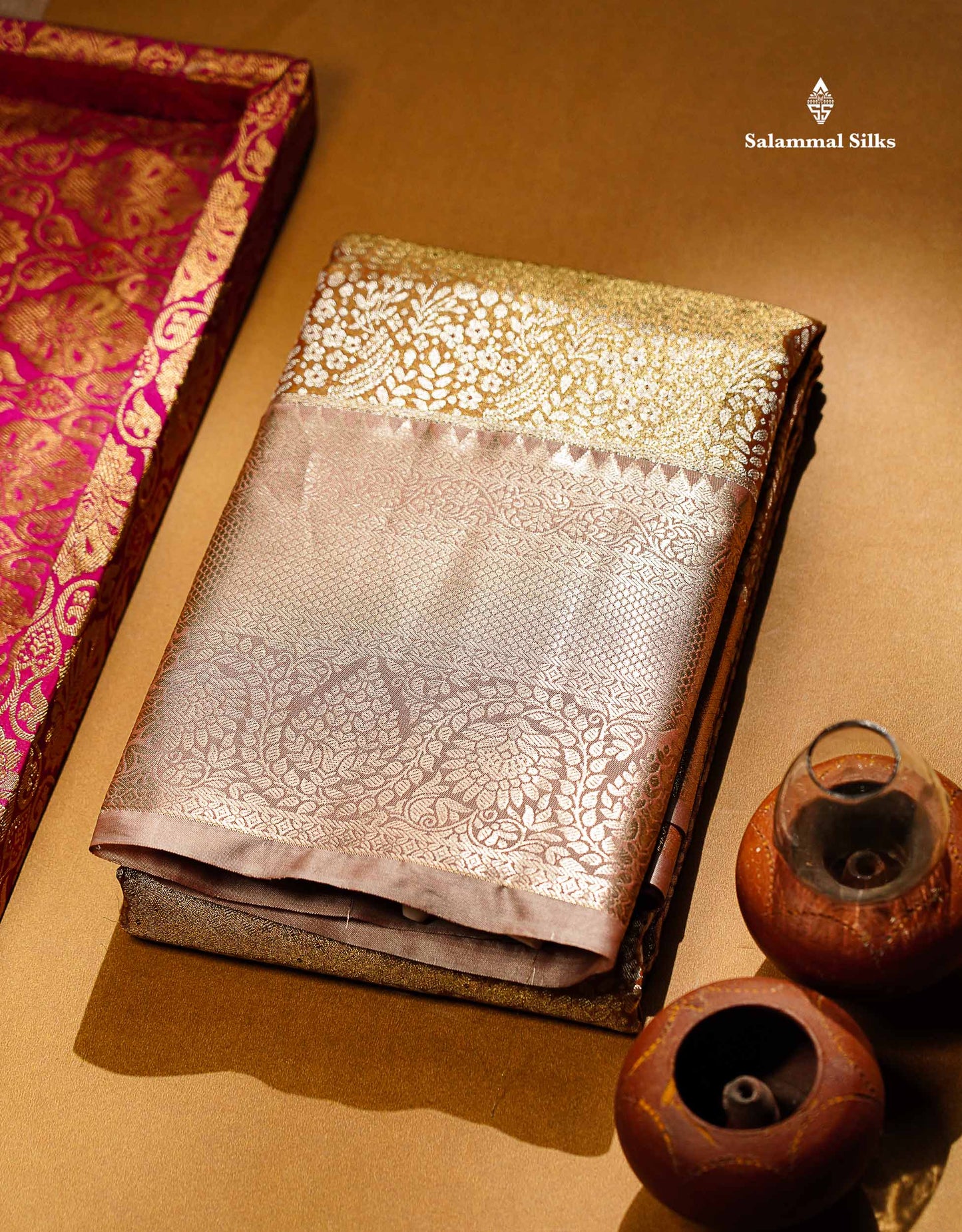 Beautiful Light Chocolate Tissue Bridal Semi Silk Saree With Traditional Evening Morning Border