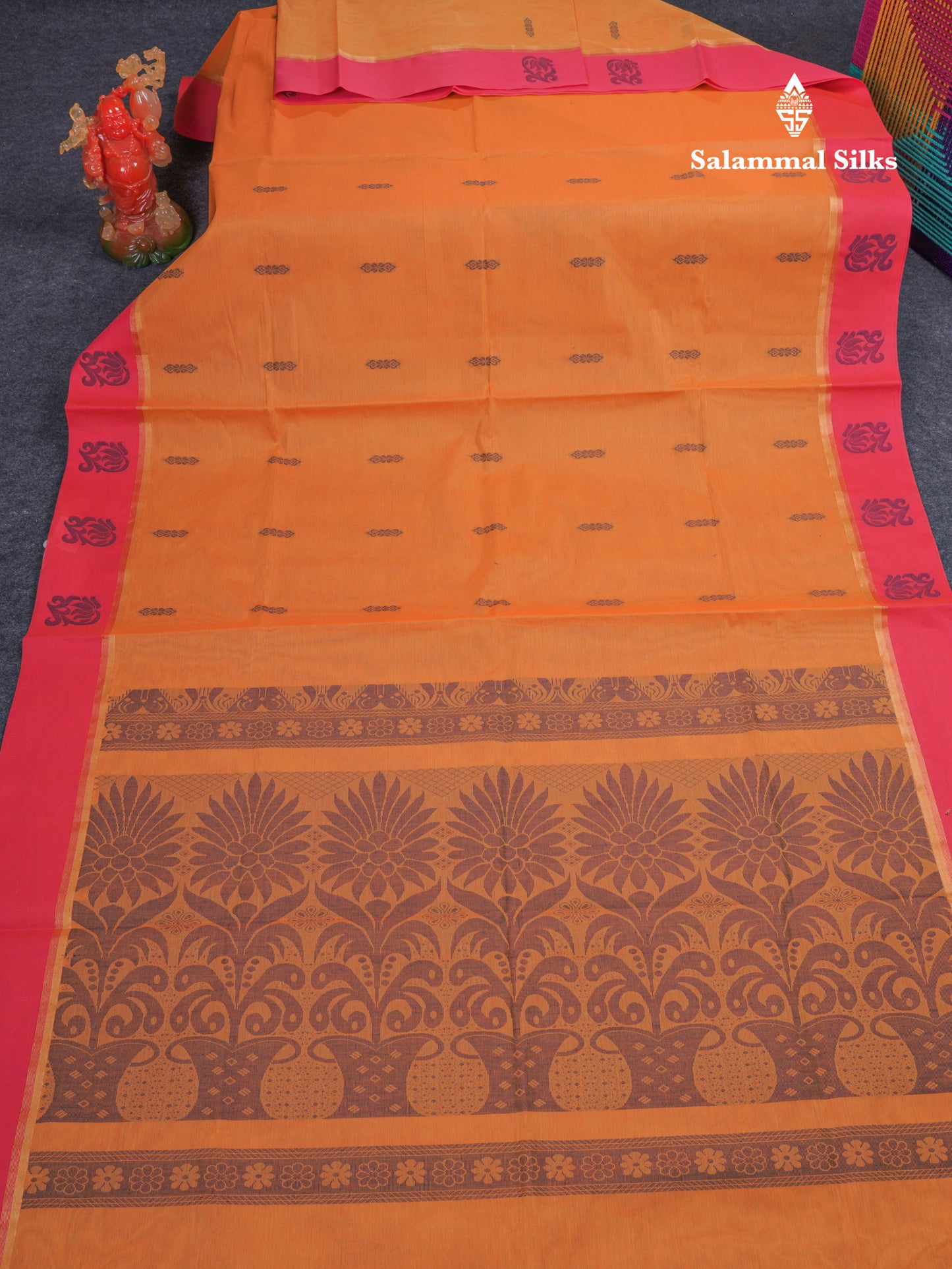 Beautiful Fanta Orange Thread Work Buttas Pure Cotton Saree With Contrast Magenta Pink Border