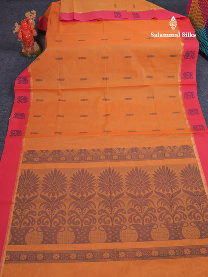 Beautiful Fanta Orange Thread Work Buttas Pure Cotton Saree With Contrast Magenta Pink Border