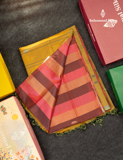 MultiColour Banana Pinth Saree (Vaazhainaar Pattu) With Contrast Olive Mustard Yellow Blouse