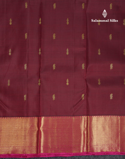 Beautiful Dark Maroon Pure Kanjivaram Silk Saree With Contrast Magenta Traditional Border