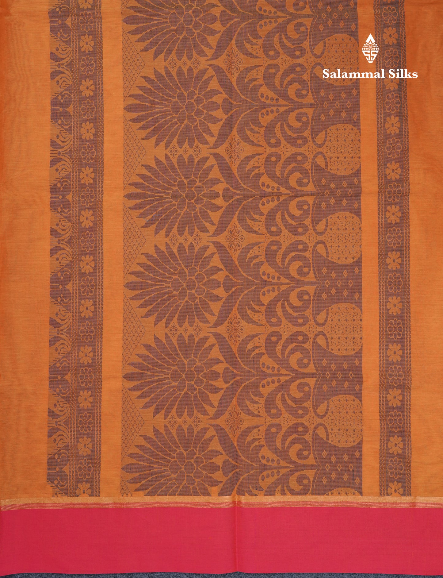 Beautiful Fanta Orange Thread Work Buttas Pure Cotton Saree With Contrast Magenta Pink Border