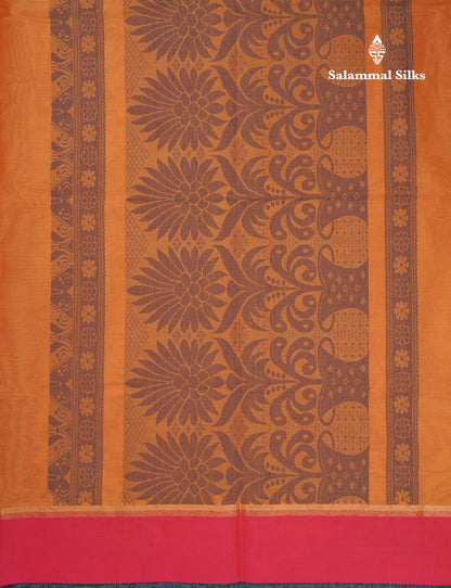 Beautiful Fanta Orange Thread Work Buttas Pure Cotton Saree With Contrast Magenta Pink Border
