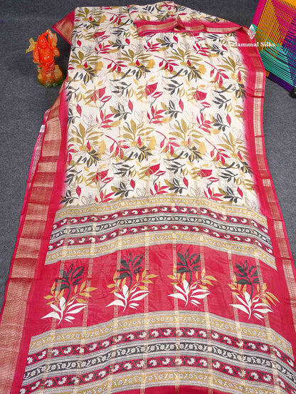 Semi Crepe Silk Saree - Half White Colour Body With Contrast Chilly Red Fancy Border