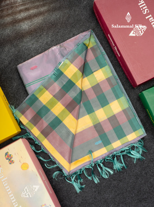 MultiColour Banana Pinth Saree (Vaazhainaar Pattu) With Contrast Dual Tone Light Lavender Blouse