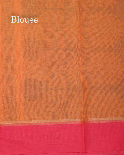 Beautiful Fanta Orange Thread Work Buttas Pure Cotton Saree With Contrast Magenta Pink Border