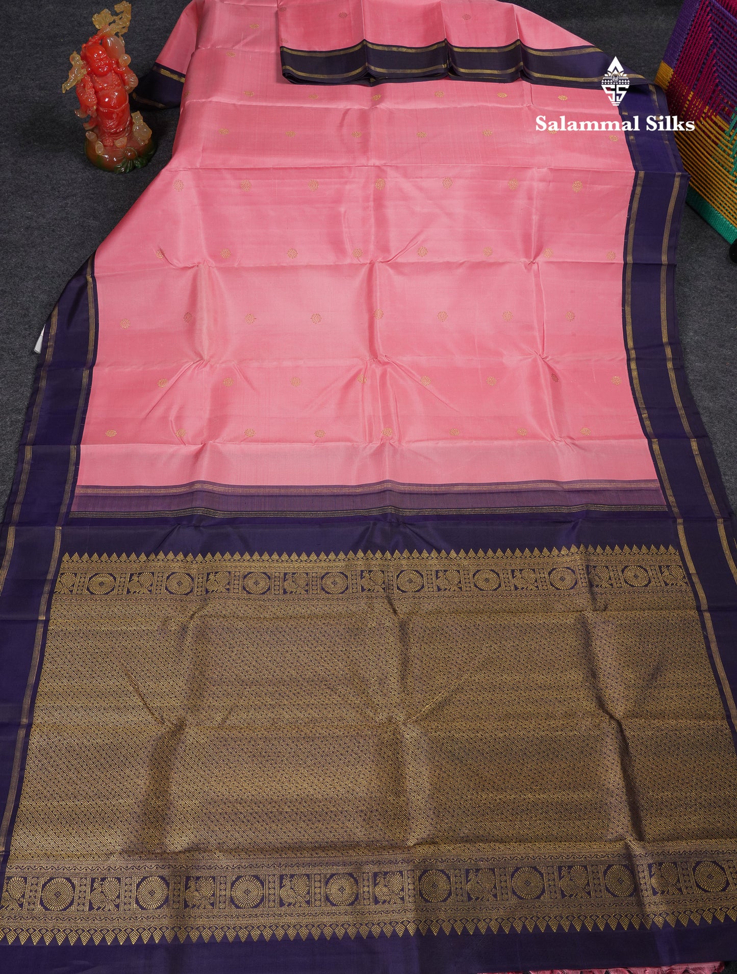 Beautiful Baby Pink Pure Kanjivaram Silk Saree With Contrast Navy Blue Traditional Gap Border