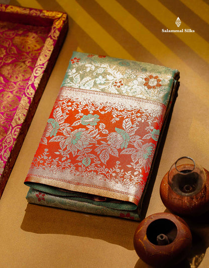 Beautiful Light Rexona Tissue Bridal Semi Silk Saree With Contrast Tomato Red Fancy Floral Evening Morning Border