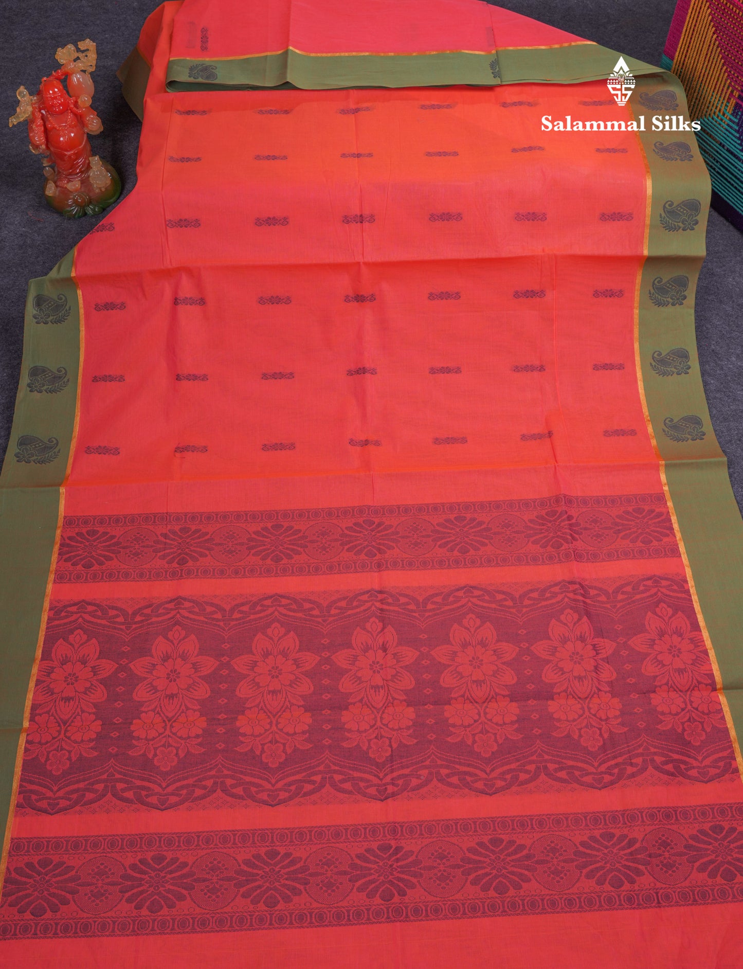 Beautiful Pinkish Orange Thread Work Buttas Pure Cotton Saree With Contrast Dual Tone Green Border
