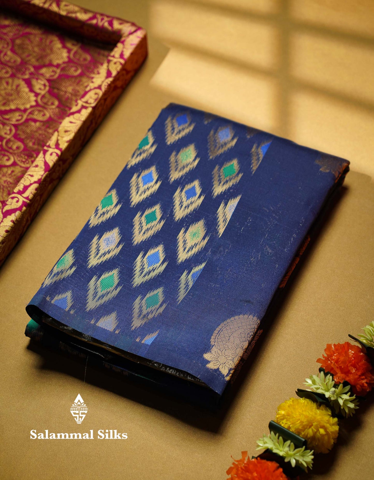 Beautiful Royal Blue Ikkat Semi Silk Fancy Saree With Vadamalli Blouse