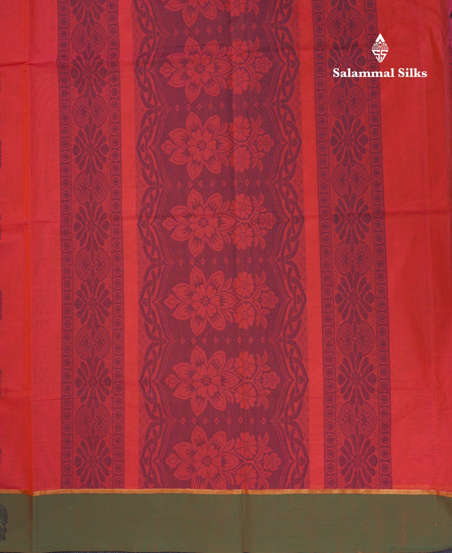 Beautiful Pinkish Orange Thread Work Buttas Pure Cotton Saree With Contrast Dual Tone Green Border