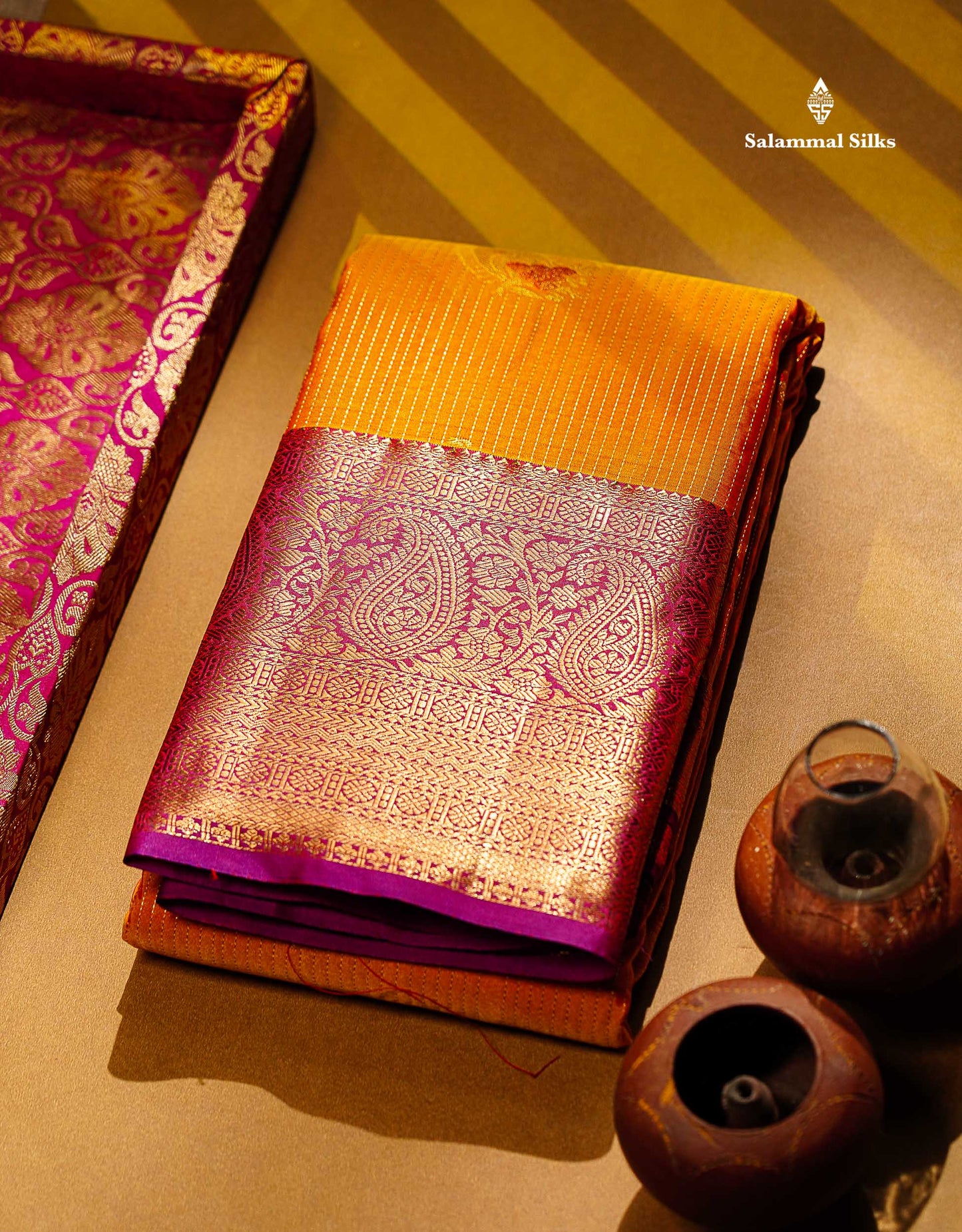 Beautiful Mango Yellow Zari Line Butta Semi Silk Saree With Contrast pink Traditional Evening Morning Border