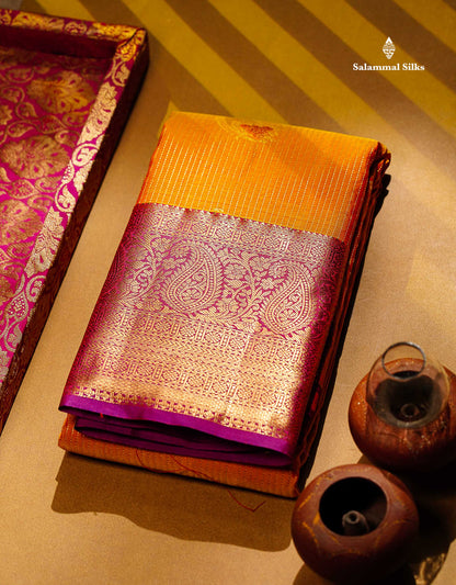 Beautiful Mango Yellow Zari Line Butta Semi Silk Saree With Contrast pink Traditional Evening Morning Border