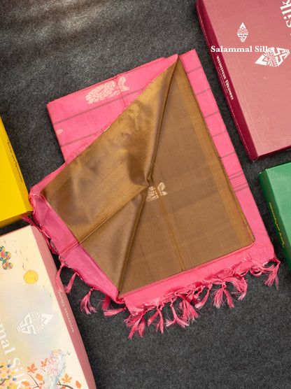 Brown Banana Pinth Saree (Vaazhainaar Pattu) With Contrast Pink Blouse