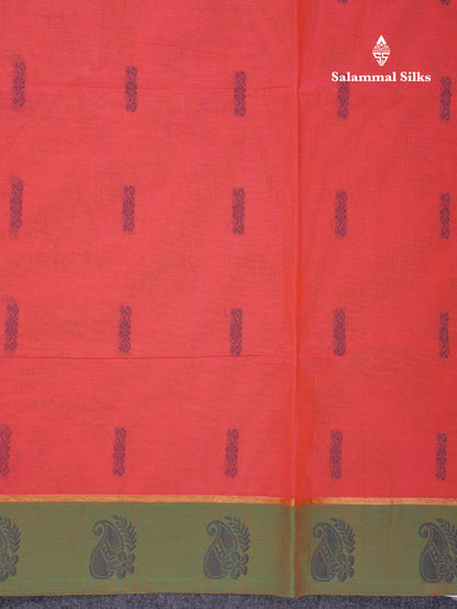 Beautiful Pinkish Orange Thread Work Buttas Pure Cotton Saree With Contrast Dual Tone Green Border