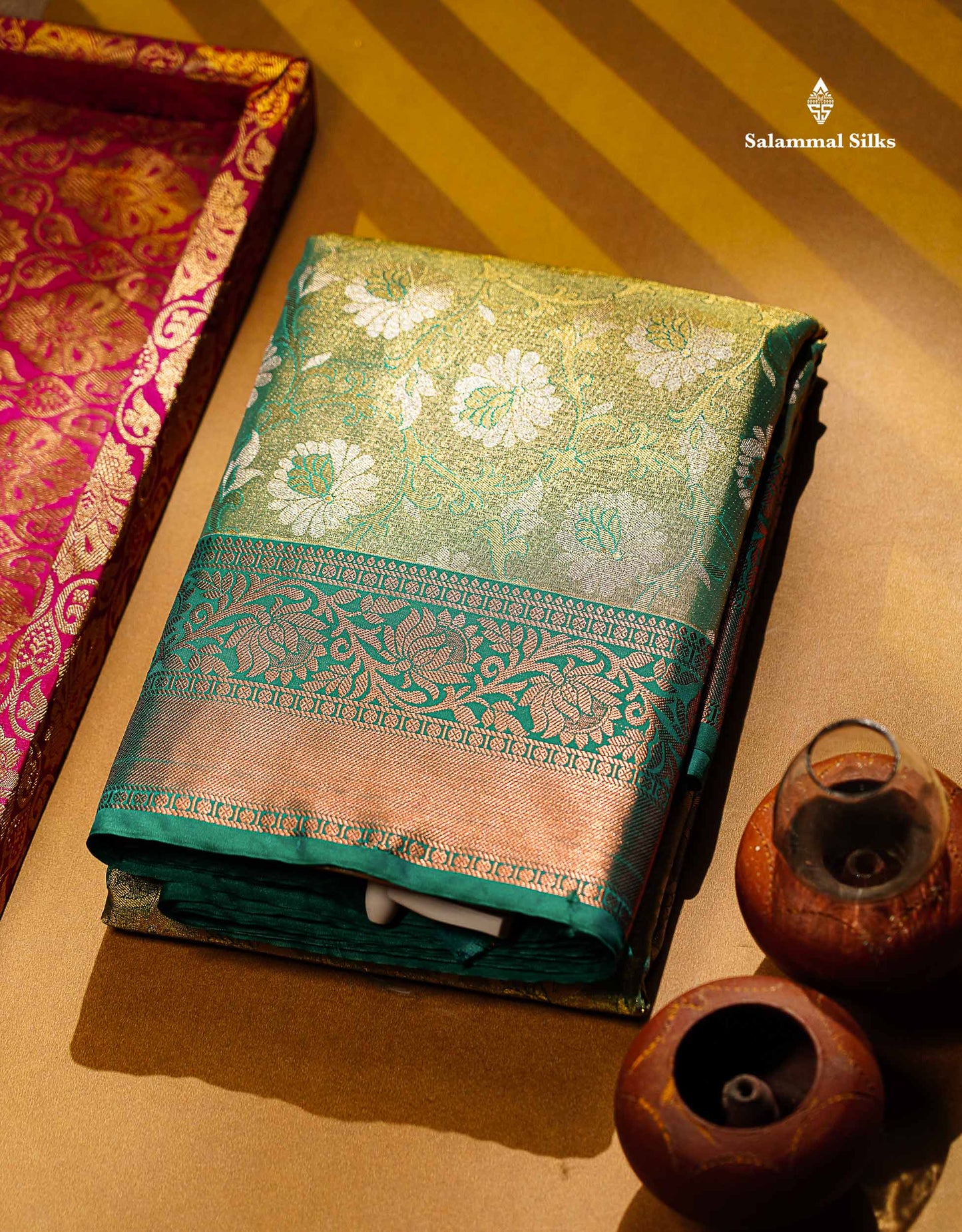 Beautiful Light Green Tissue Bridal Semi Silk Saree With Peacock Green Traditional Border