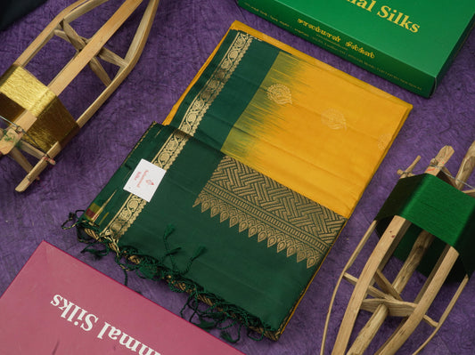 Mustard Yellow Pure Kanjivaram Soft Silk Saree With Contrast Bottle Green Small Traditional Border