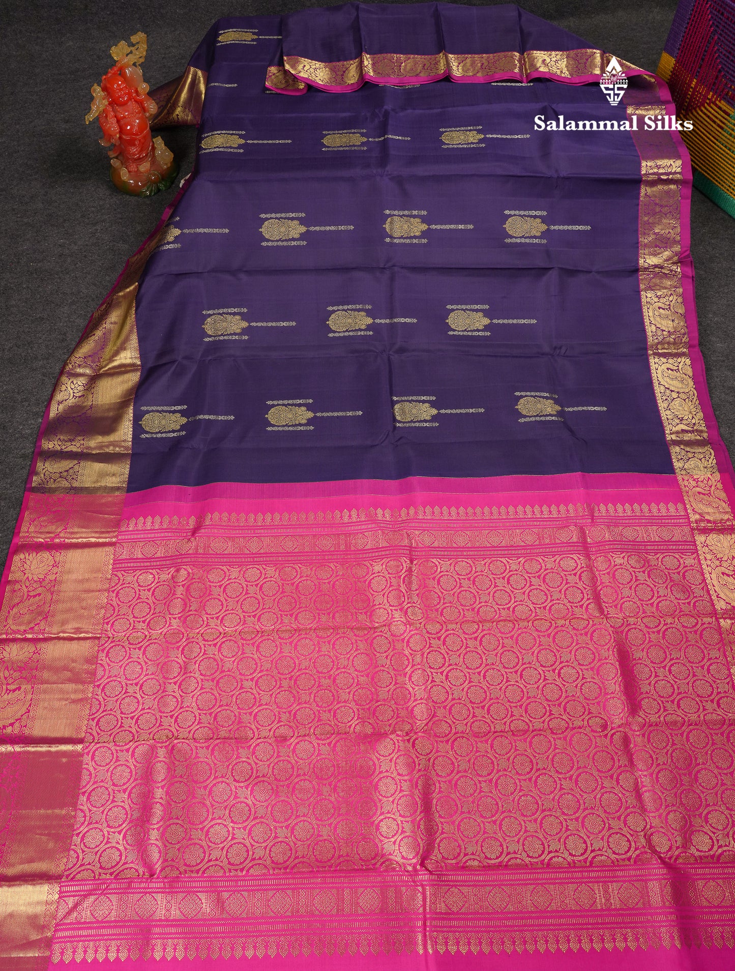 Beautiful Navy Blue Pure Kanjivaram Silk Saree With Contrast Magenta Traditional Evening Morning Border