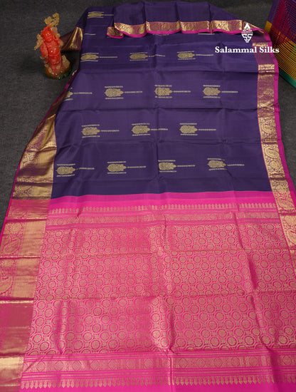 Beautiful Navy Blue Pure Kanjivaram Silk Saree With Contrast Magenta Traditional Evening Morning Border