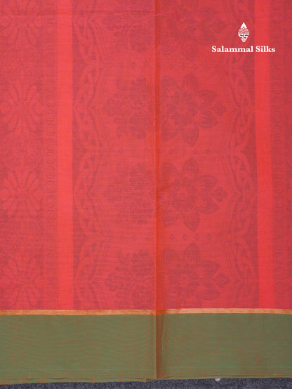 Beautiful Pinkish Orange Thread Work Buttas Pure Cotton Saree With Contrast Dual Tone Green Border