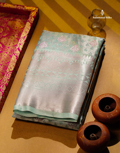 Beautiful Ice Blue Semi Silk Saree With Traditional Evening Morning Border