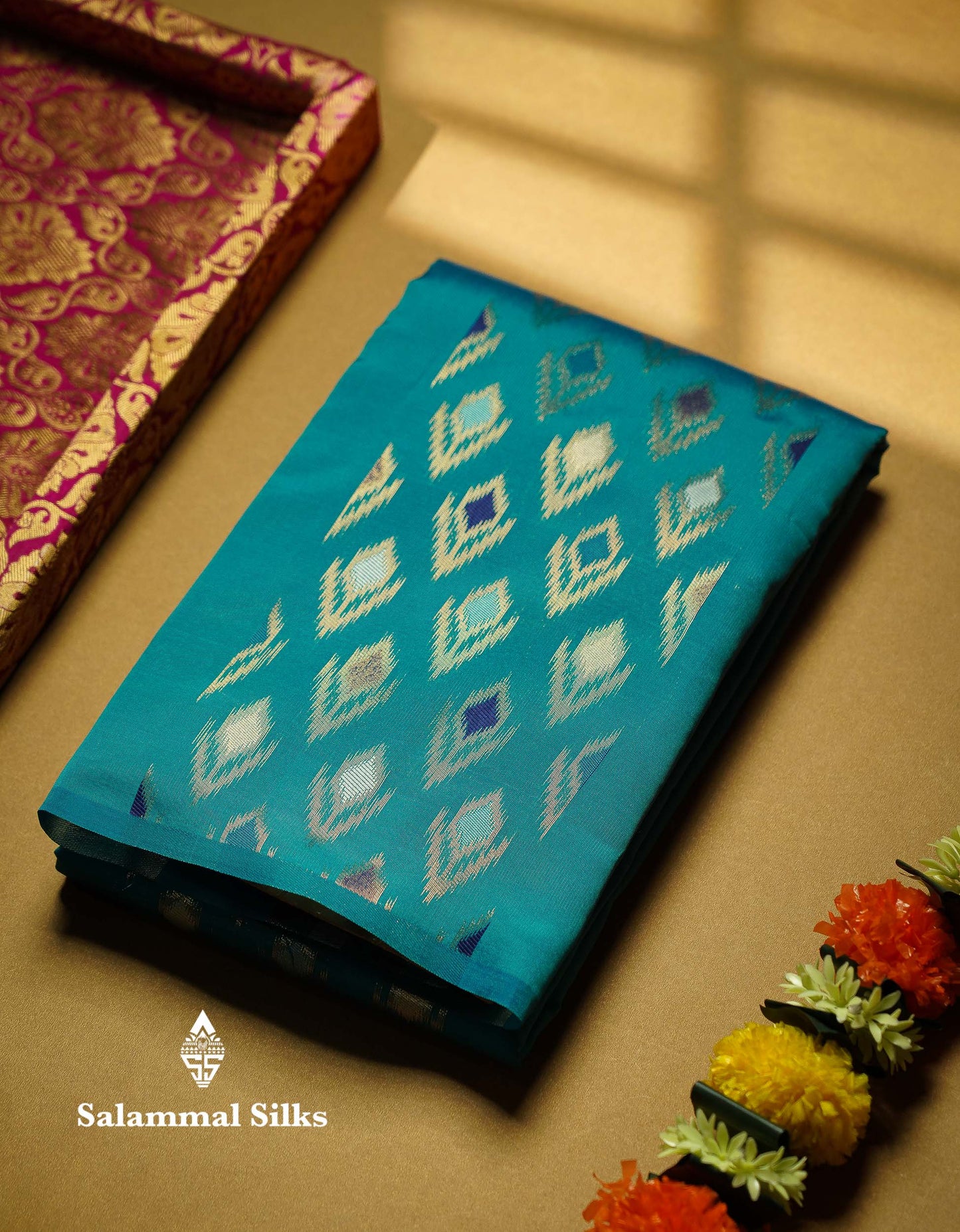 Beautiful Royal Blue Ikkat Semi Silk Fancy Saree With Vadamalli Blouse