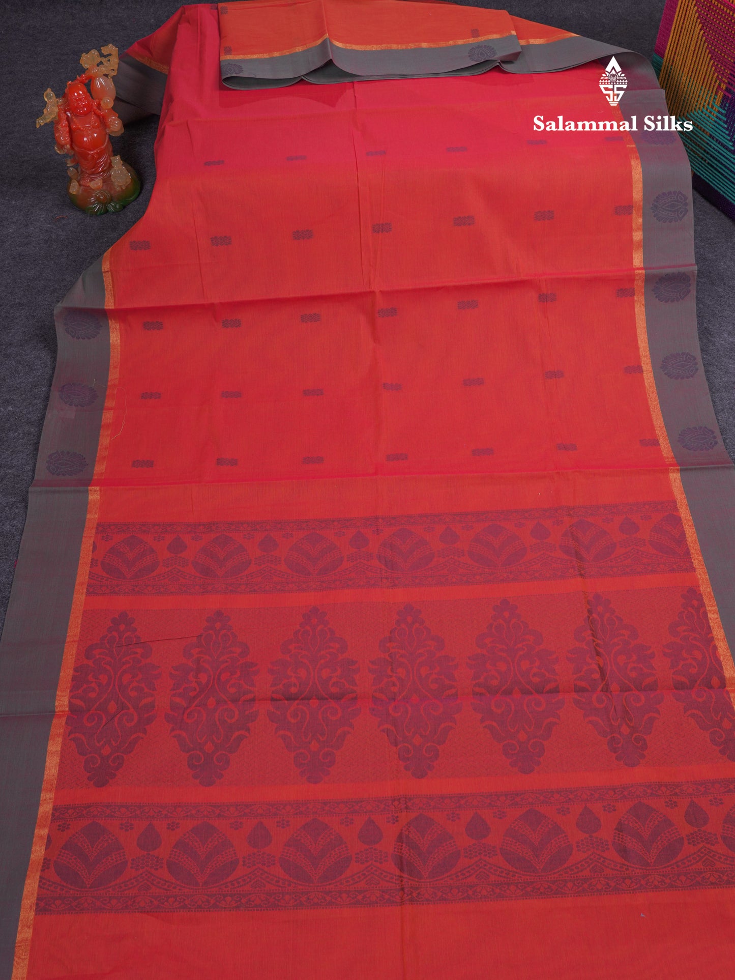 Beautiful Pinkish Orange Thread Work Buttas Pure Cotton Saree With Contrast Dual Tone Green Border