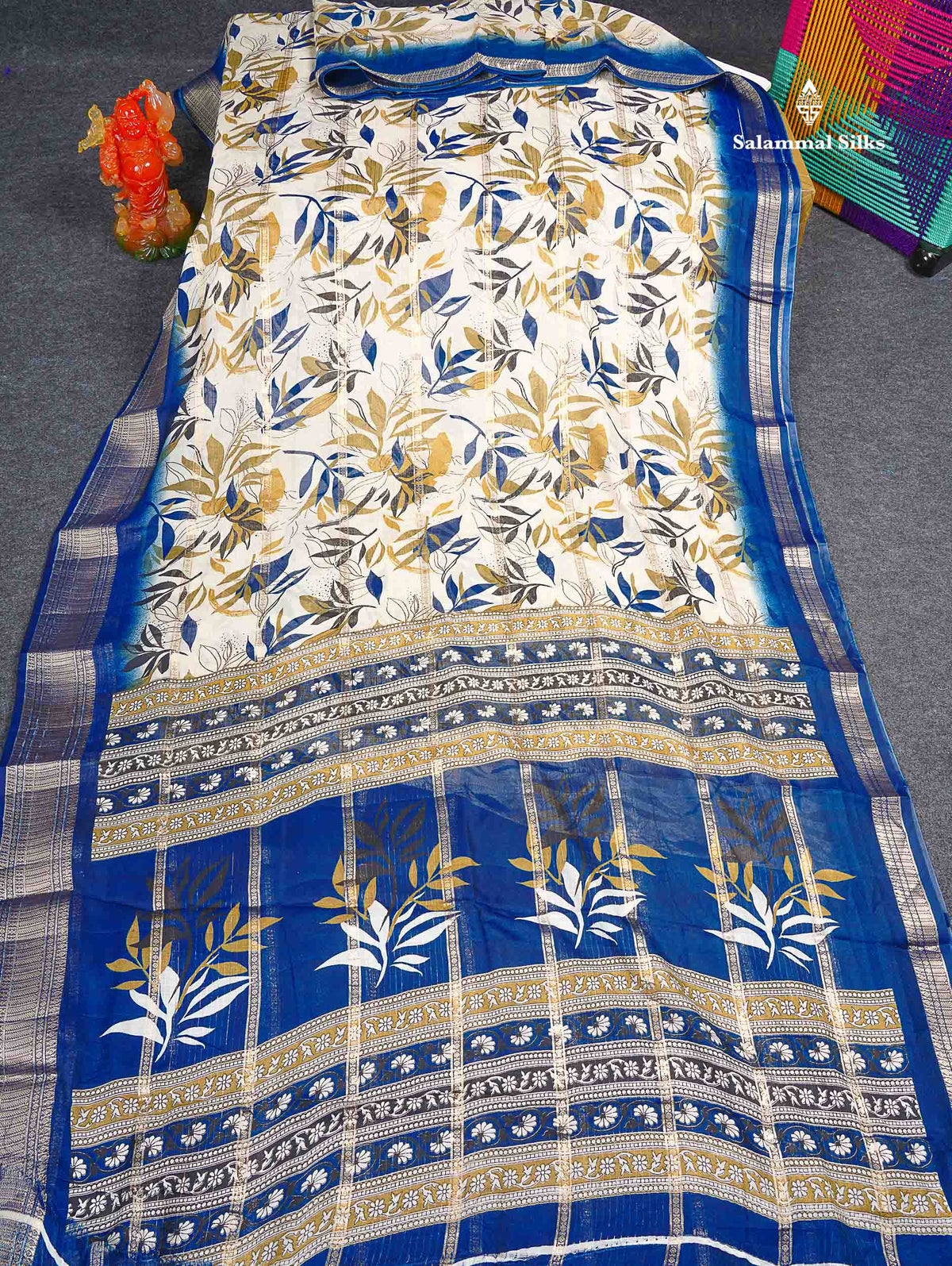 Semi Crepe Silk Saree - Half White Colour Body With Contrast Navy Blue Fancy Border