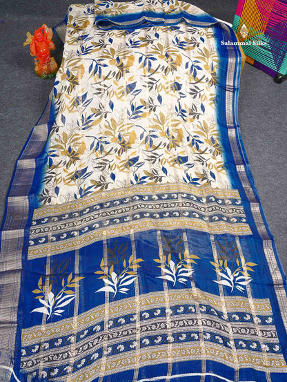 Semi Crepe Silk Saree - Half White Colour Body With Contrast Navy Blue Fancy Border