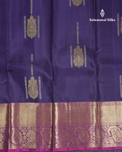 Beautiful Navy Blue Pure Kanjivaram Silk Saree With Contrast Magenta Traditional Evening Morning Border
