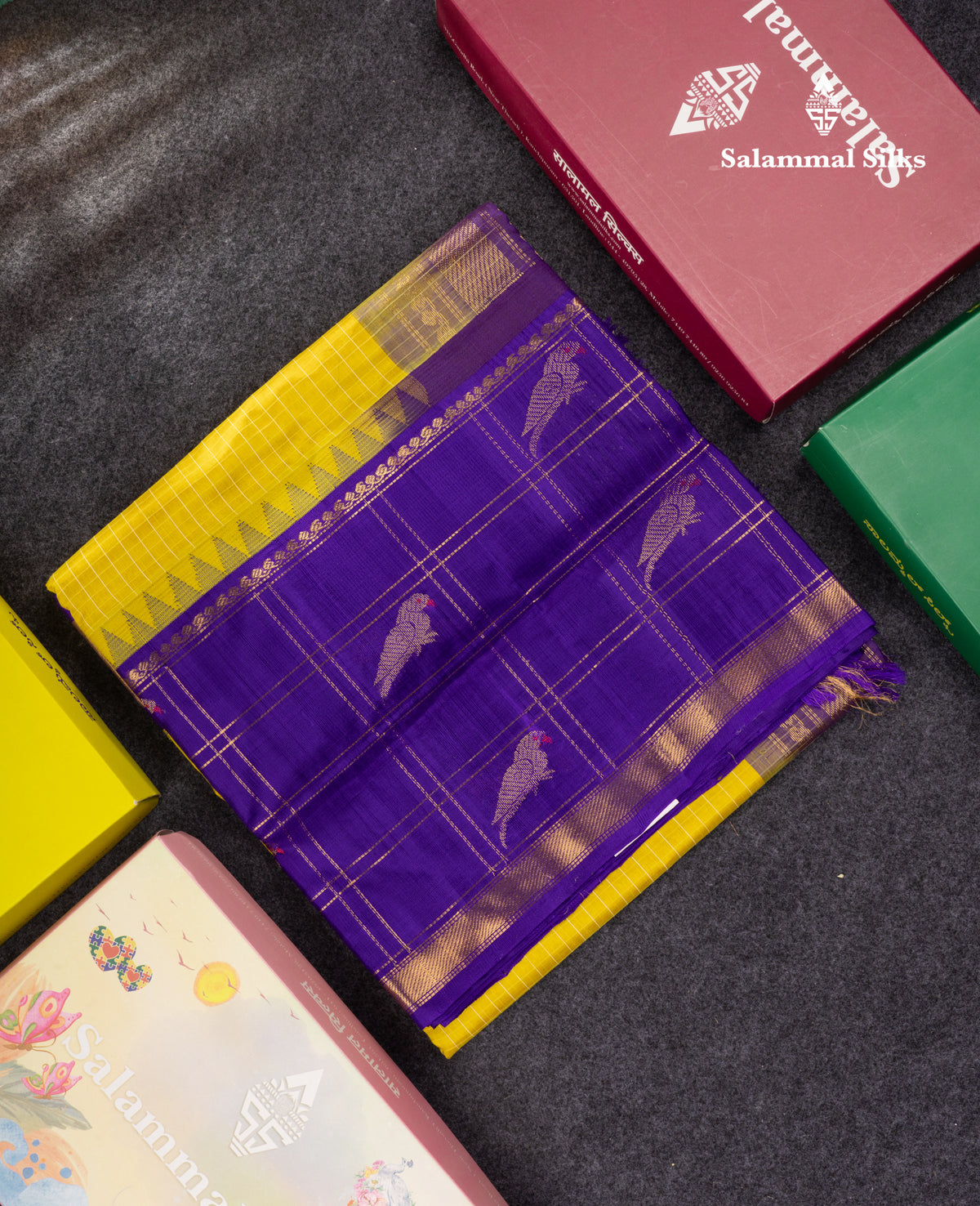 Golden Yellow Small Checks Pure Silk Cotton Saree With Contrast Long Violet Border