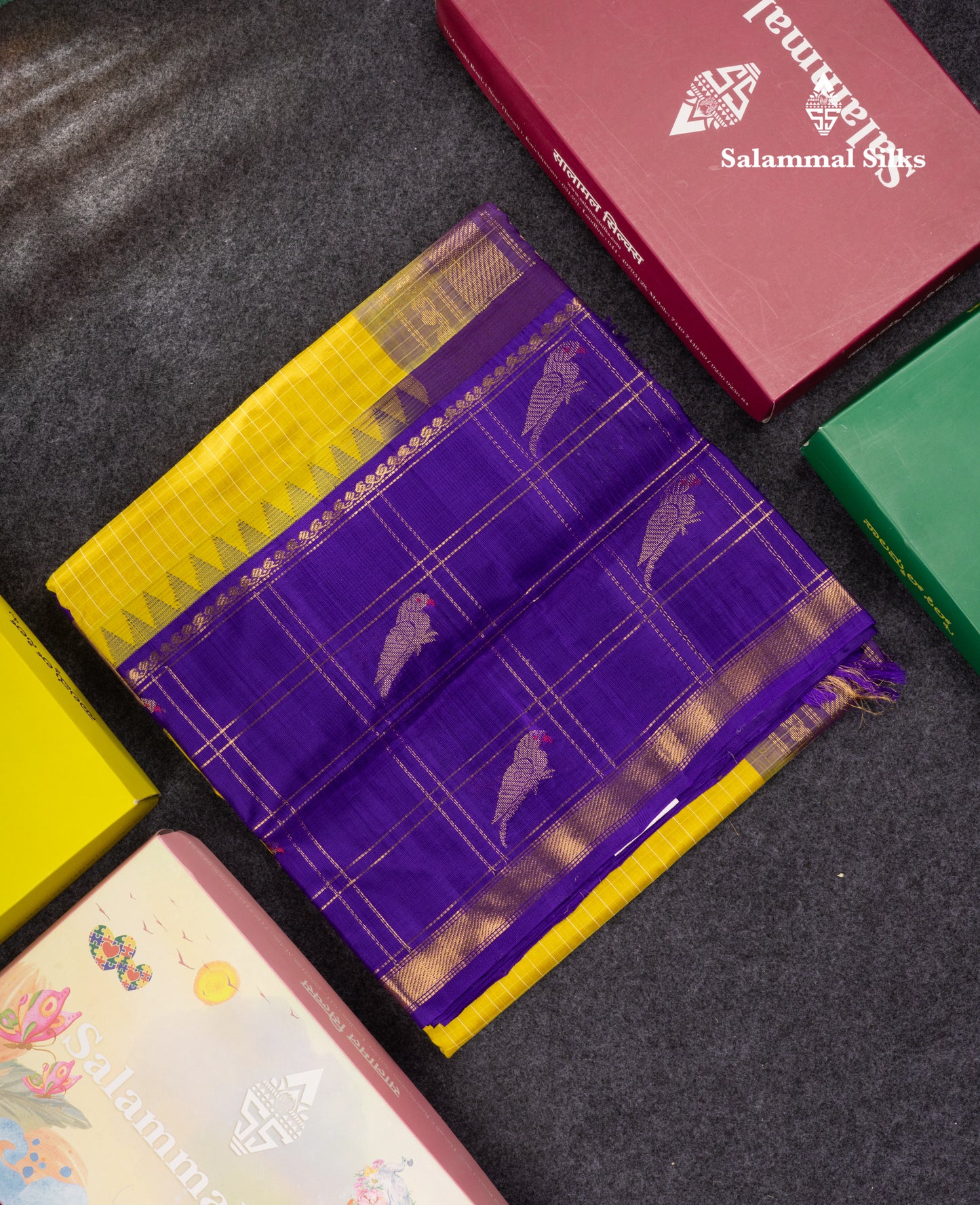 Golden Yellow Small Checks Pure Silk Cotton Saree With Contrast Long Violet Border