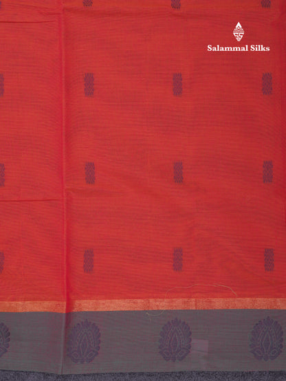 Beautiful Pinkish Orange Thread Work Buttas Pure Cotton Saree With Contrast Dual Tone Green Border
