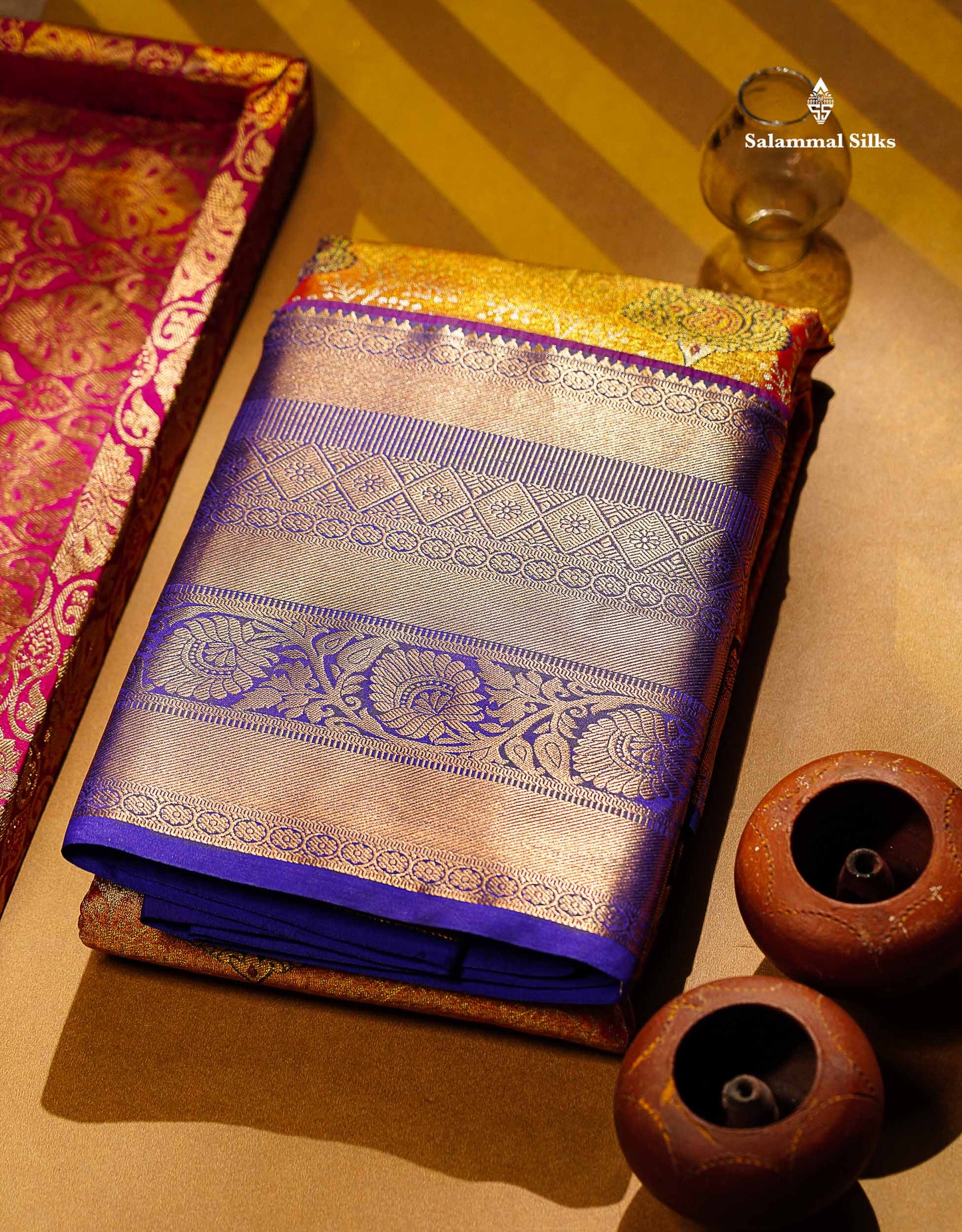 Beautiful Orange Tissue Bridal Semi Silk Saree With Contrast Violet Traditional Evening Morning Border