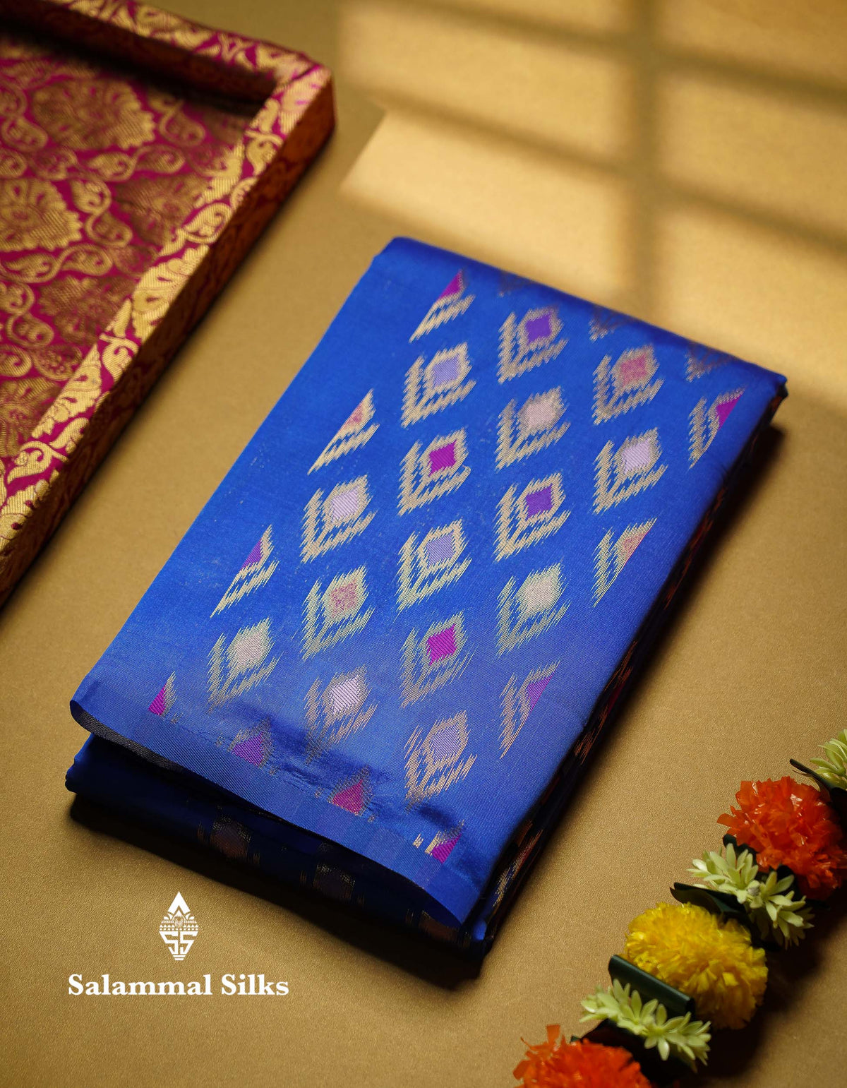Beautiful Royal Blue Ikkat Semi Silk Fancy Saree With Vadamalli Blouse